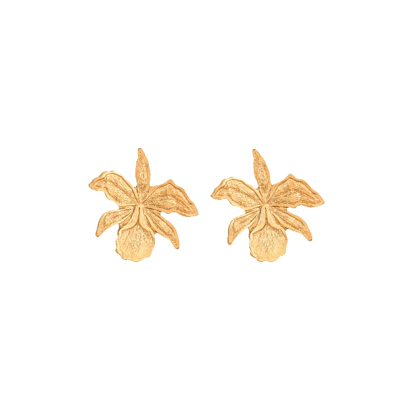 Shiny Crystal Earrings-Gold Orchid Studs