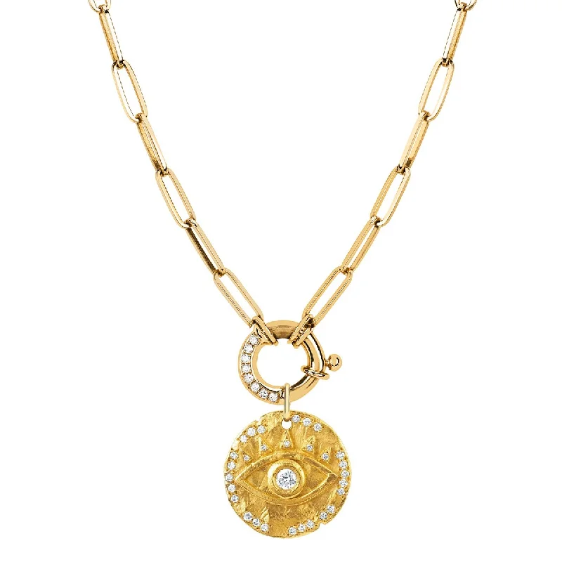 Birthstone Necklace for Mom-Alchemy Link Charm Necklace with Pavé Diamonds and 18k Diamond Eye of Protection Coin Charm