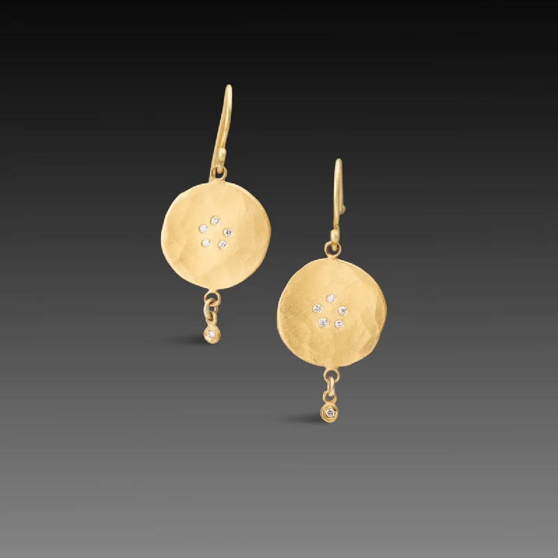 Premium Silver Earrings-Hammered Gold Disk Earrings with Diamonds