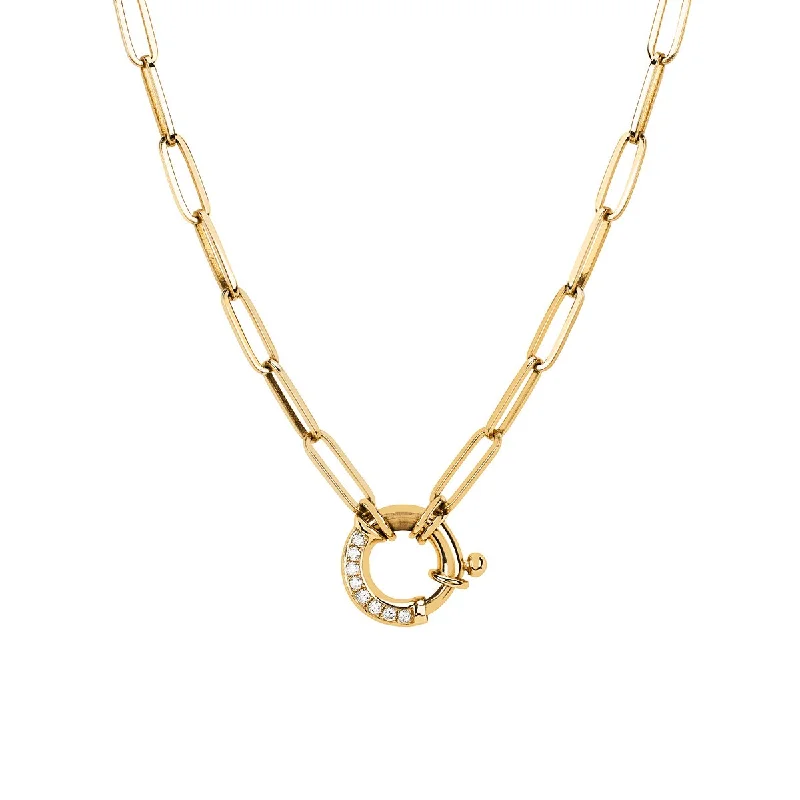 Fashion Bar Necklace-Alchemy Link Charm Necklace with Pavé Diamond Hoop Closure