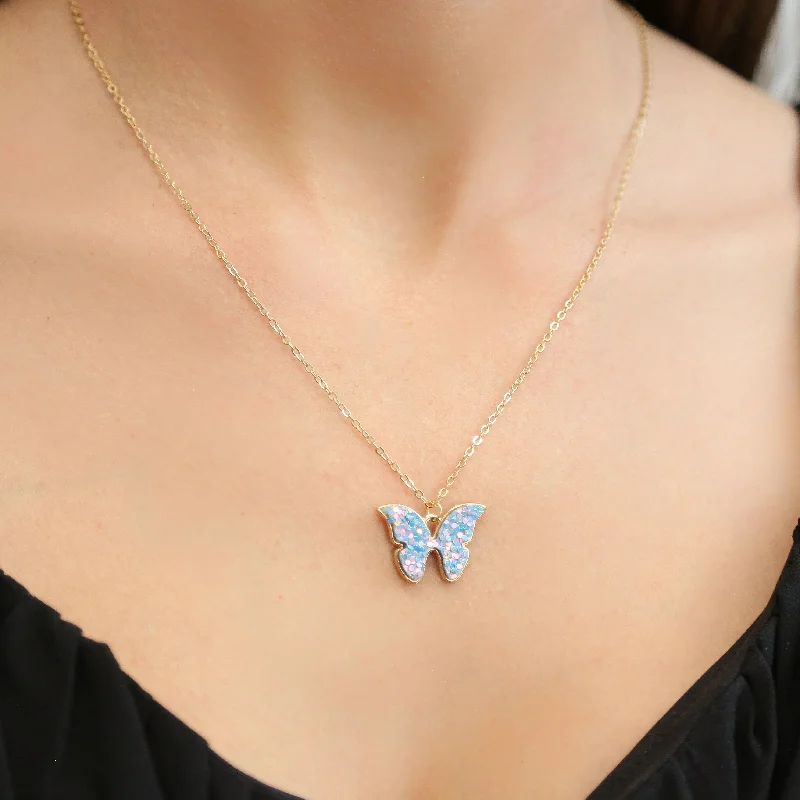 Silver Leaf Necklace-MONARCH - Blue Necklace Dainty Chain with Butterfly Pendant