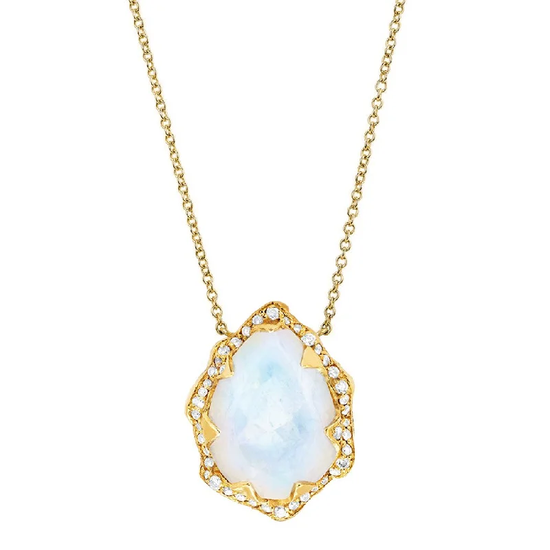 Simple Gold Chain Necklace-Queen Water Drop Moonstone Necklace with Full Pavé Diamond Halo