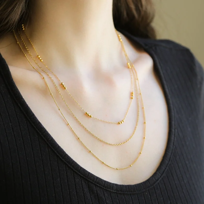 Colorful Pendant Necklace-Serena GOLD Necklace Simple Thin Layered Steel Bead Chain Three Layer Necklace