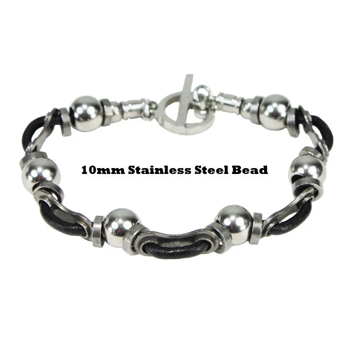 Crystal Beaded Bracelet-Stainless Steel Leather Link & Bead Bracelet