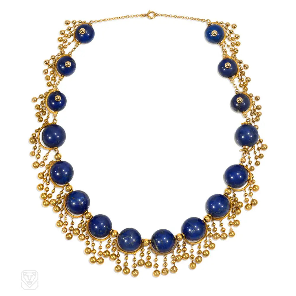 Trendy Layered Necklace-French antique gold and lapis festoon necklace