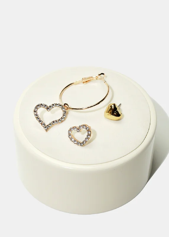 Gold Hoop Earrings for Women-3-Pair Heart Stud & Hoop Earrings