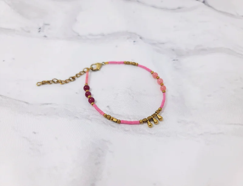 Custom Beaded Bracelet Set-Pink & Gold Droplet Bracelet