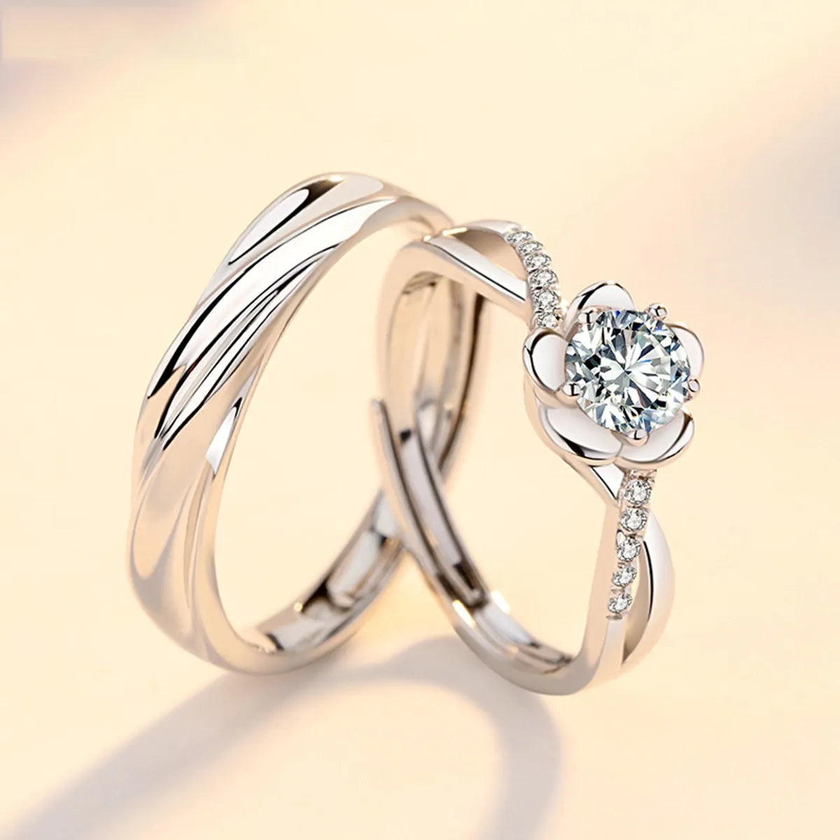 Two-Tone Wedding Ring-Wholesale Lady Flower Sterling Silver Inlay Zircon Open Ring