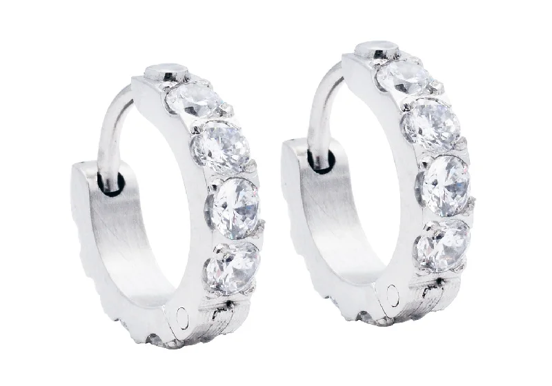 Heart Shaped Earrings-Men's Stainless Steel Hoop Earrings With Cubic Zirconia