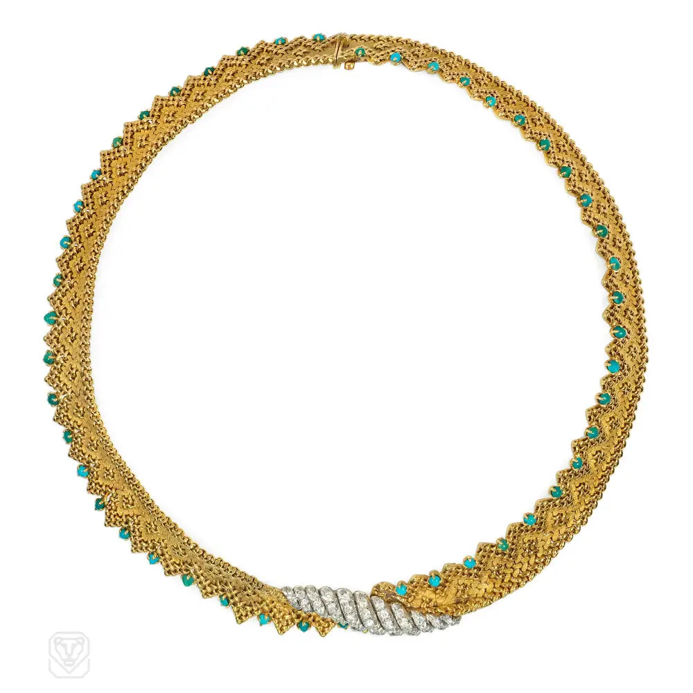 Statement Necklace for Parties-Georges Lenfant french gold turquoise and diamond necklace