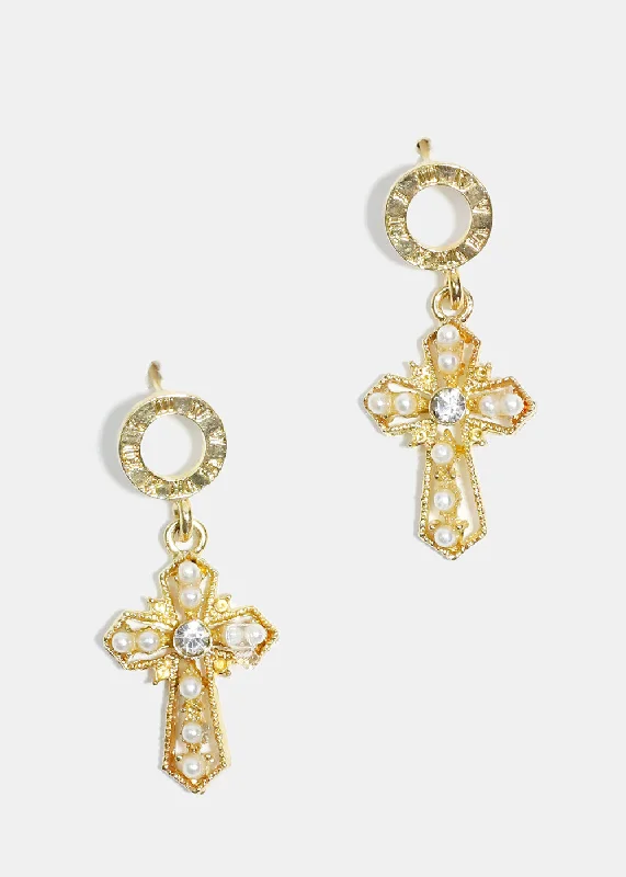 Small Drop Earrings-Pearl-Studded Cross Dangle Earrings