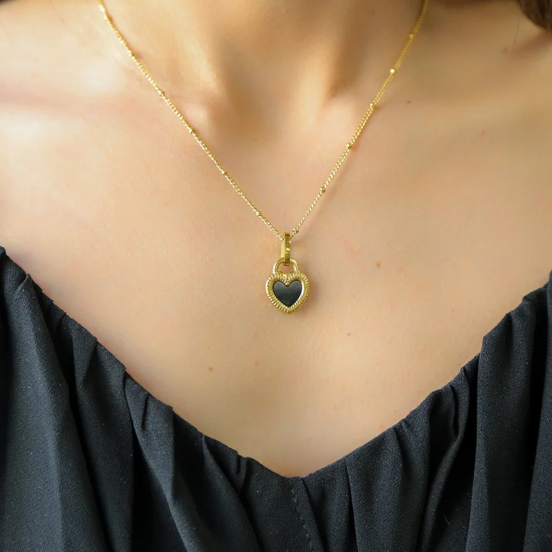 Custom Beaded Necklace-LOCKED ON LOVE | 18k Gold Plated Double-Sided Black Signet Lock Heart Necklace