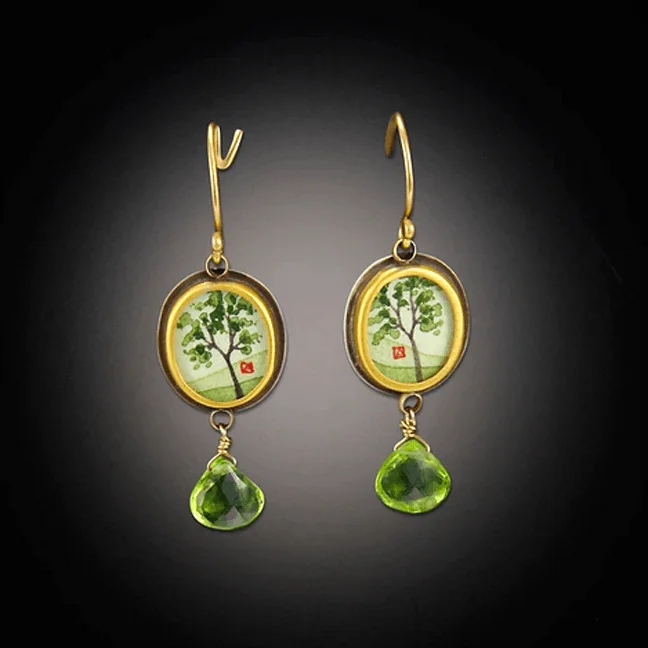 Pink Gold Earrings-Tiny Oval Spring Maple Earrings with Peridot Drop