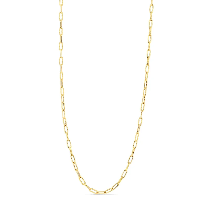 Simple Opal Necklace-18K DESIGNER GOLD ALTERNATING POLISHED AND FLUTED PAPERCLIP LINK 17 INCH CHAIN