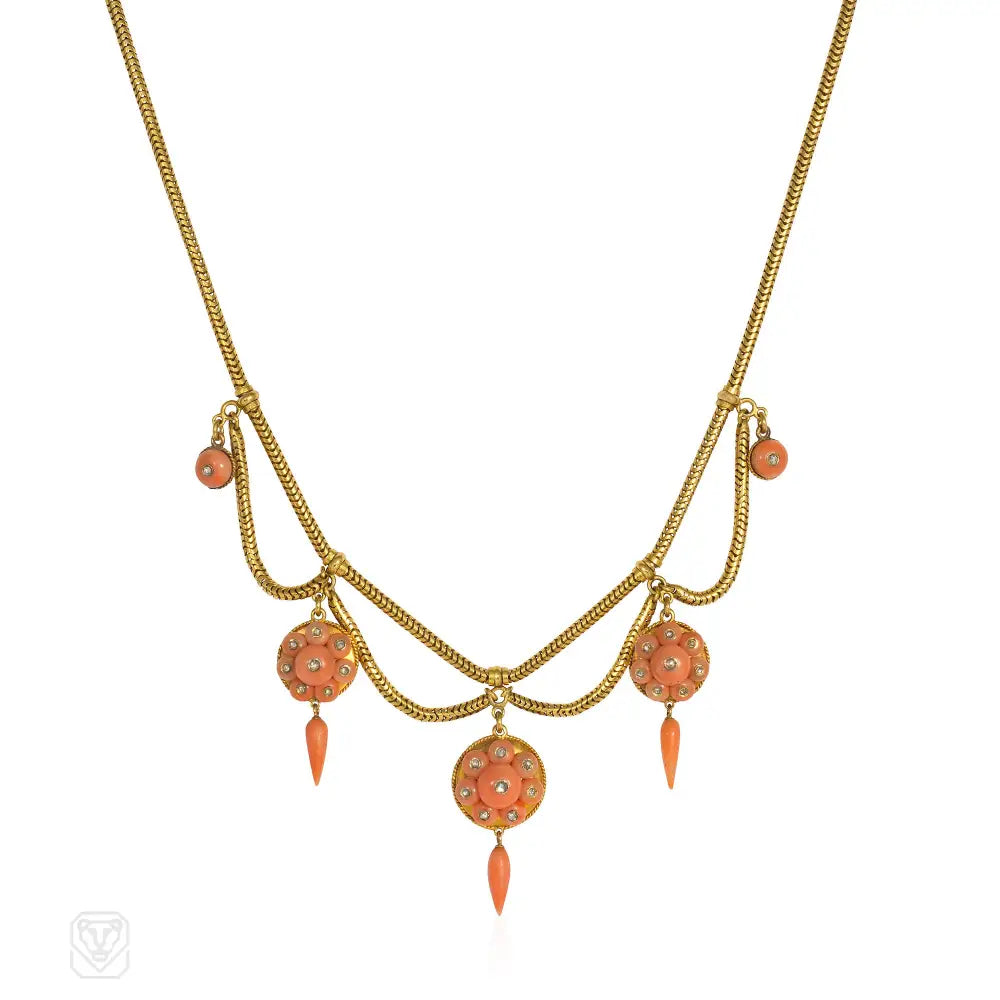 Gold Oval Pendant Necklace-Antique coral and diamond swag necklace