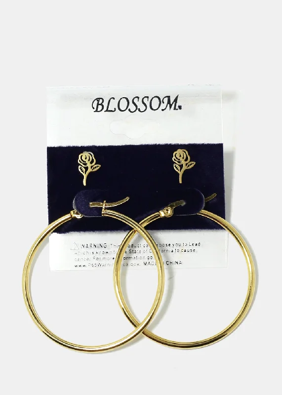 Rose Gold Drop Earrings-2-Pair Flower & Hoop Earrings