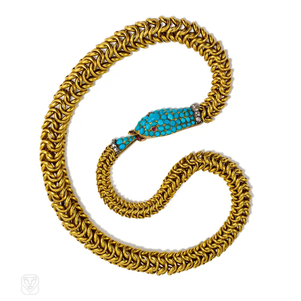 Artistic Silver Necklace-Antique gold, turquoise, and gemset Ouroboros serpent necklace