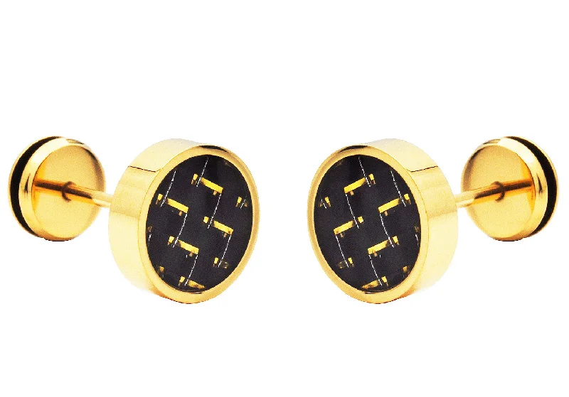 Stylish Stud Earrings-Mens 9mm Gold Plated Stainless Steel Earrings With Gold Carbon Fiber