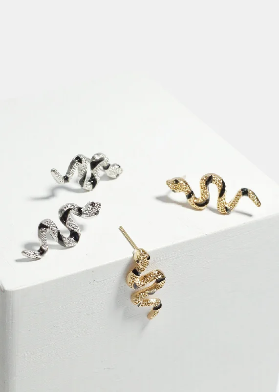 Diamond Stud Earrings-Black Swirl Snake Stud Earrings