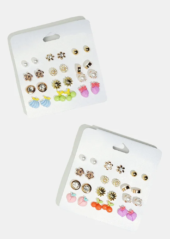 Vintage Style Earrings-12-Pair Flower & Fruit Stud Earrings