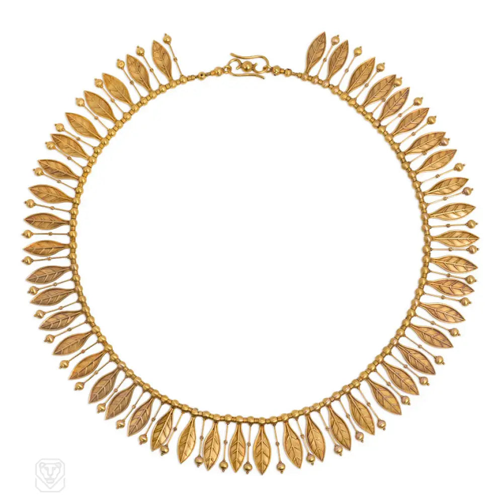 Unique Heart Necklace-Antique Etruscan Revival gold fringe necklace with leaves