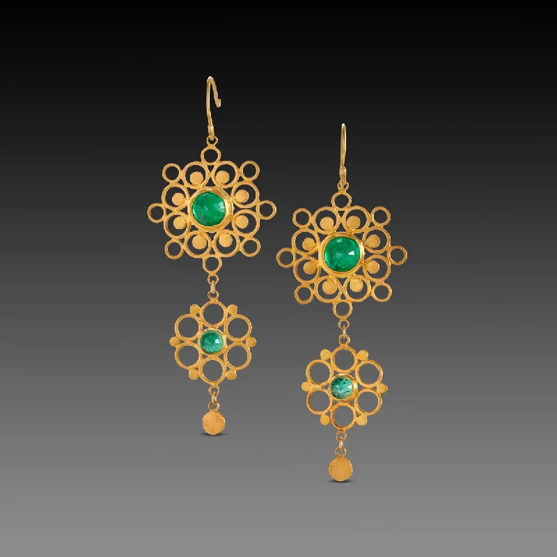 Handcrafted Bead Earrings-Double Mandala Earrings with Emeralds