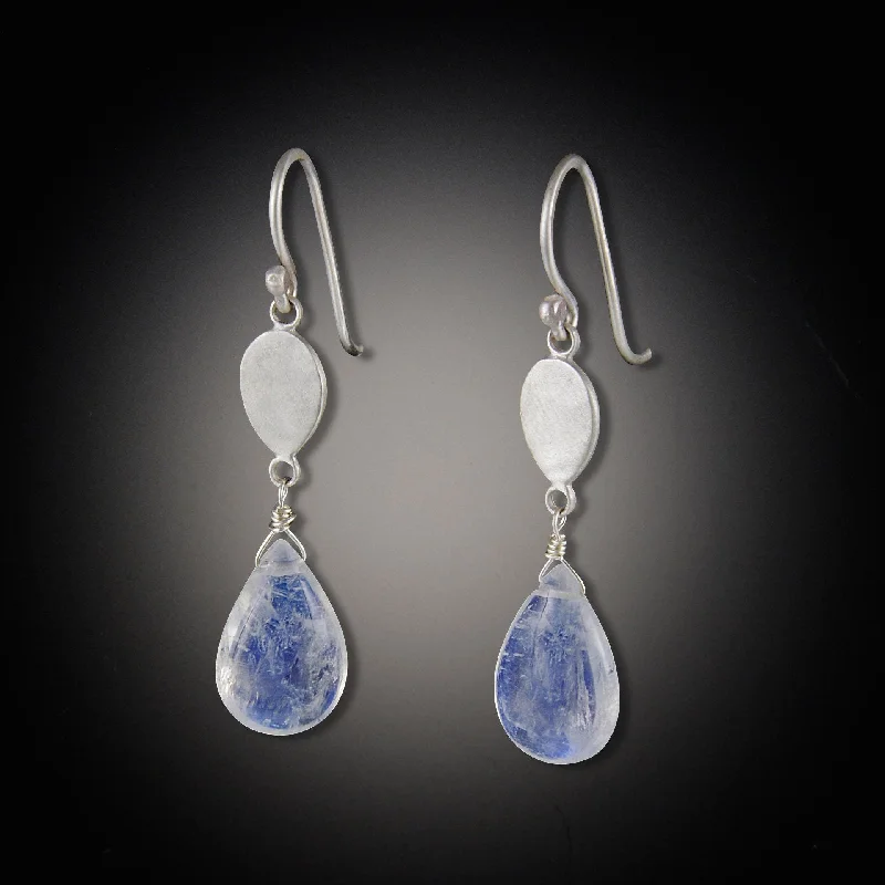 Silver Chain Earrings-Oval Disk with Moonstone Drop Earrings