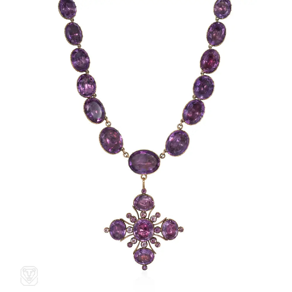 Bright Gold Necklace-Antique amethyst rivière necklace with quatrefoil pendant