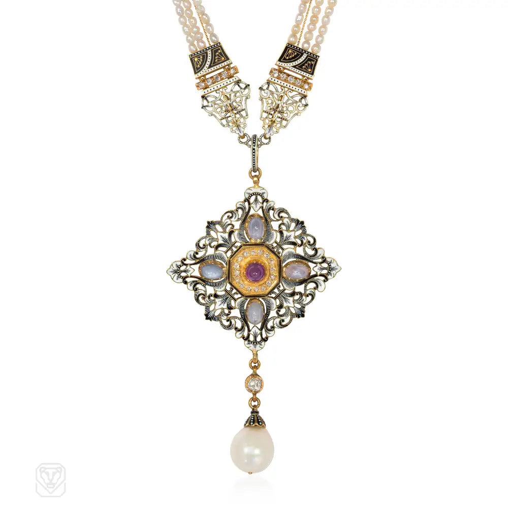 Diamond Heart Necklace-Antique Giuliano multi-gem, pearl, and enamel necklace