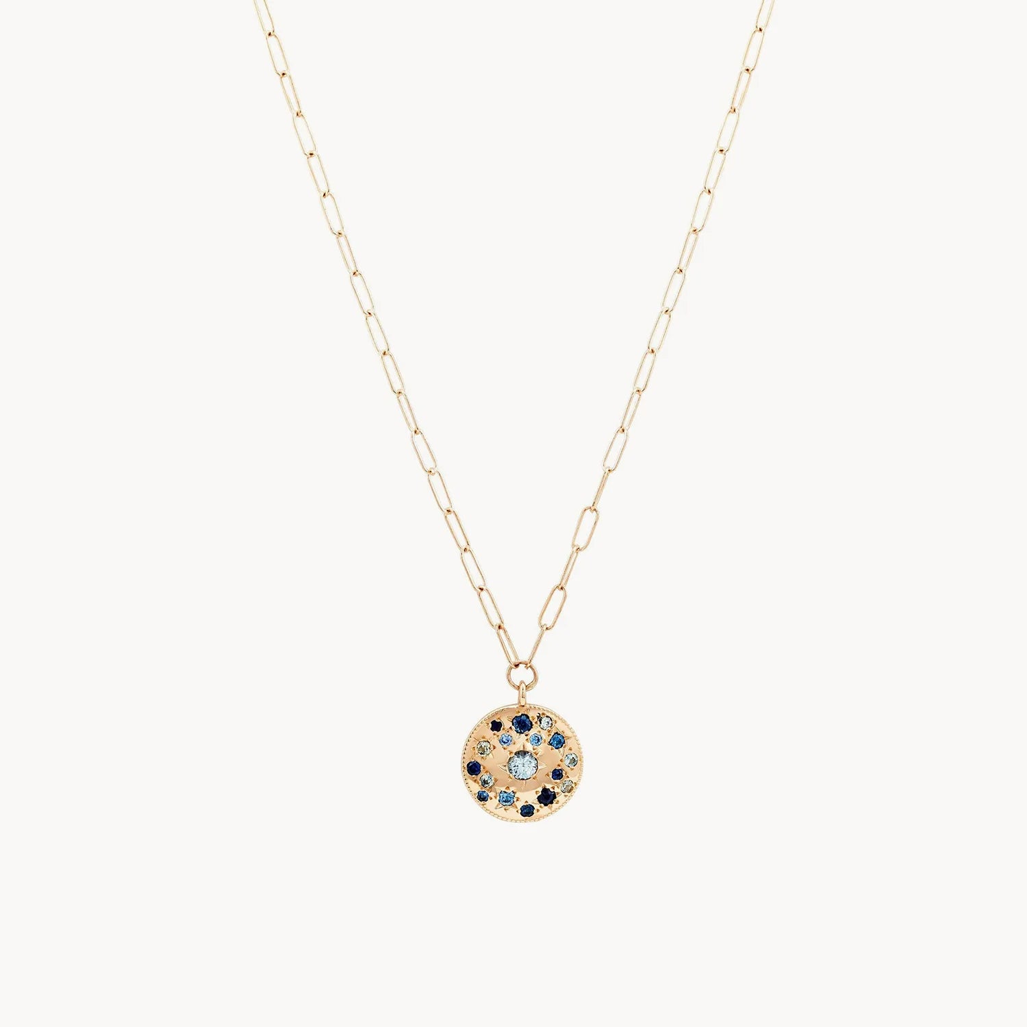 Double Gemstone Necklace-tie dye moonchild medallion necklace - 14k yellow gold, blue sapphire, 20"