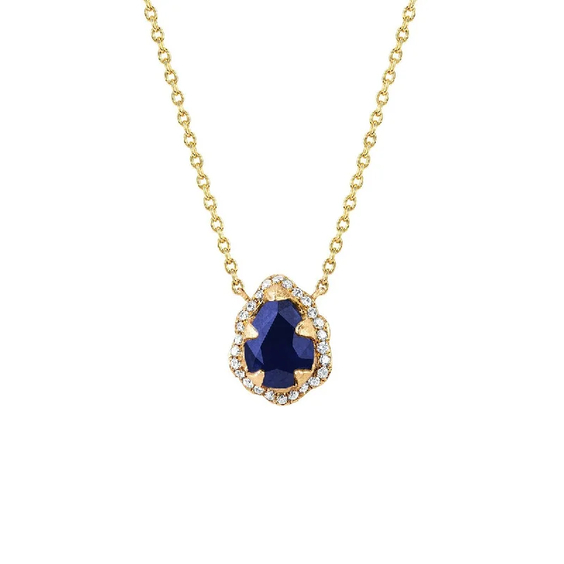 Personalized Pendant Necklace-Micro Queen Water Drop Blue Sapphire Necklace with Pavé Diamond Halo