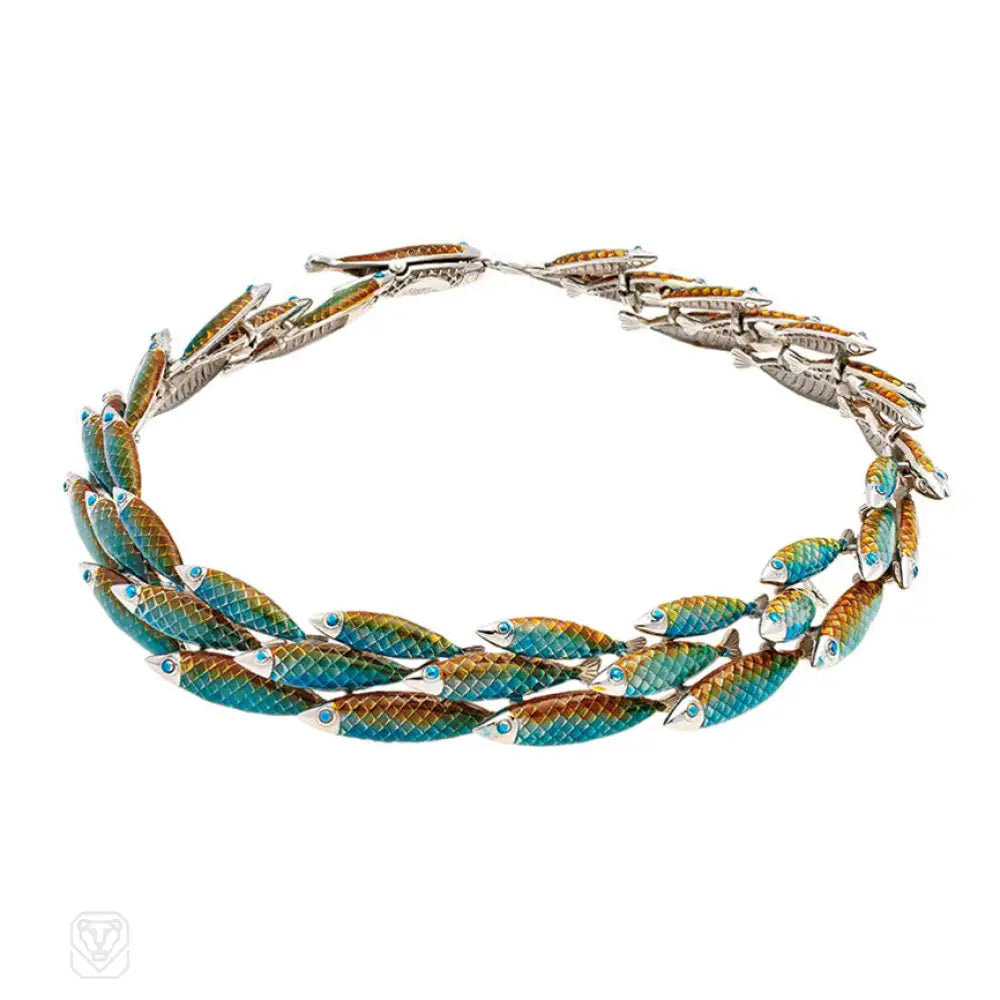 Wedding Necklace for Bridesmaids-Green and blue enamel fish necklace