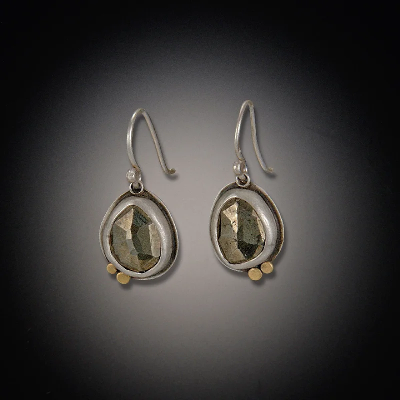 Large Silver Earrings-Pyrite Earrings with Two Gold Dots