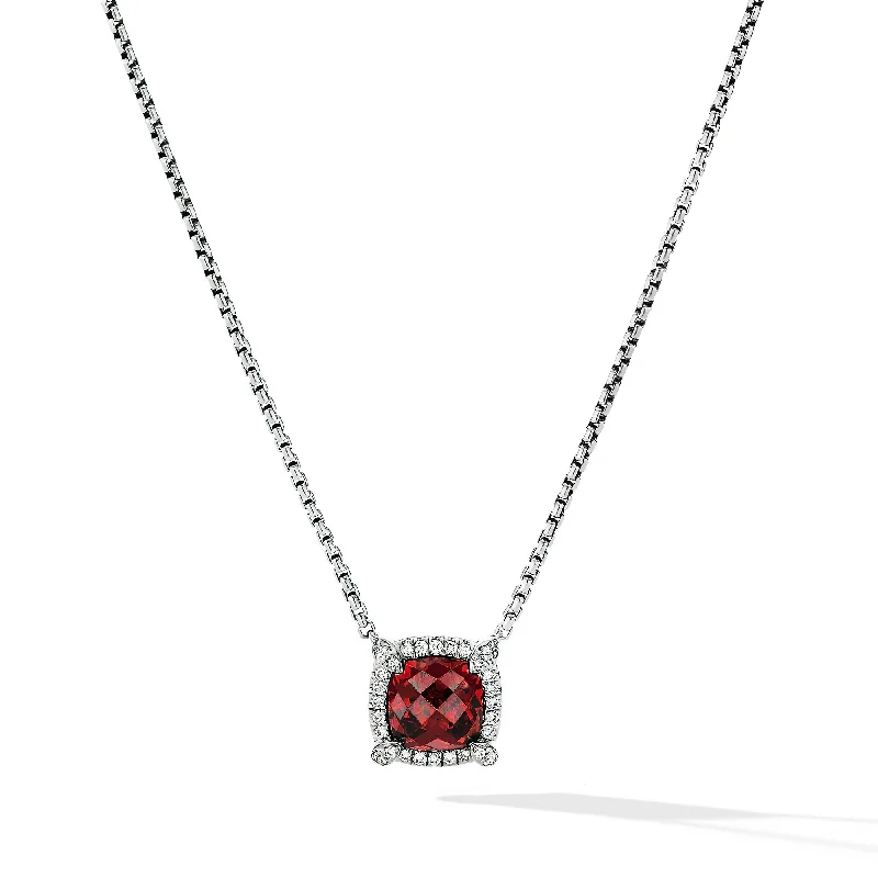 Long Chain Pendant Necklace-Petite Chatelaine® Pavé Bezel Pendant Necklace in Sterling Silver with Rhodolite Garnet and Diamonds\, 7mm