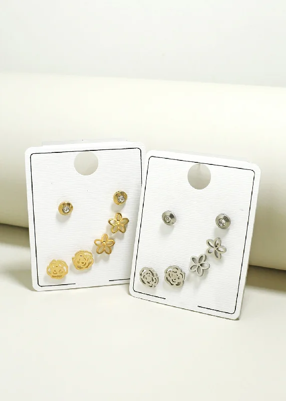 Luxury Diamond Earrings-3-Pair Flower & Rose Stud Earrings