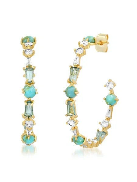 Pearl Drop Earrings-Turquoise Mixed Stone Hoops