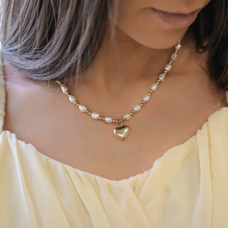 Modern Pendant Necklace-LOVER | Pearl and Heart Necklace With 18K Gold Plated Beads.