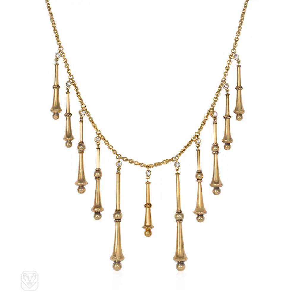 Gold Charm Necklace-Art Nouveau gold and diamond fringe necklace