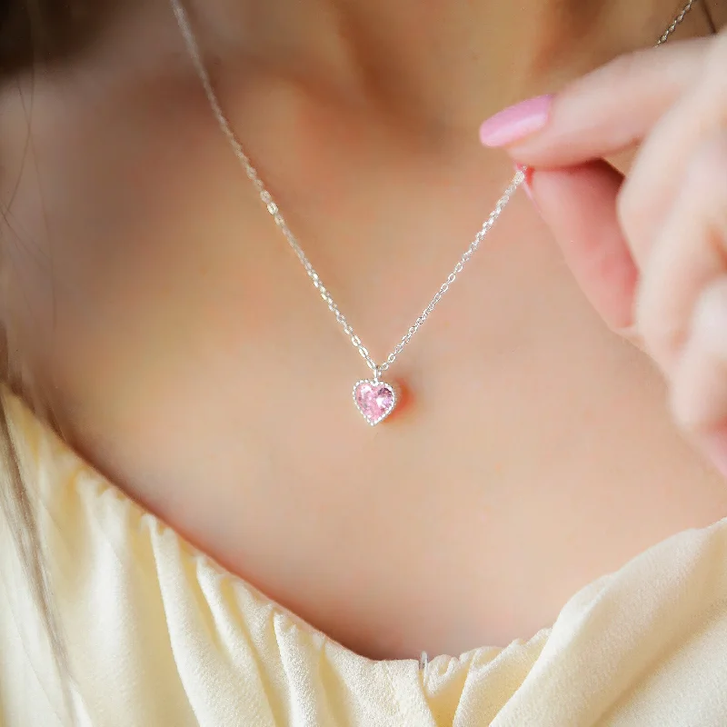 Vintage Silver Necklace-SWEET TALK - 925 Sterling Silver Necklace with Pink Zircon Heart