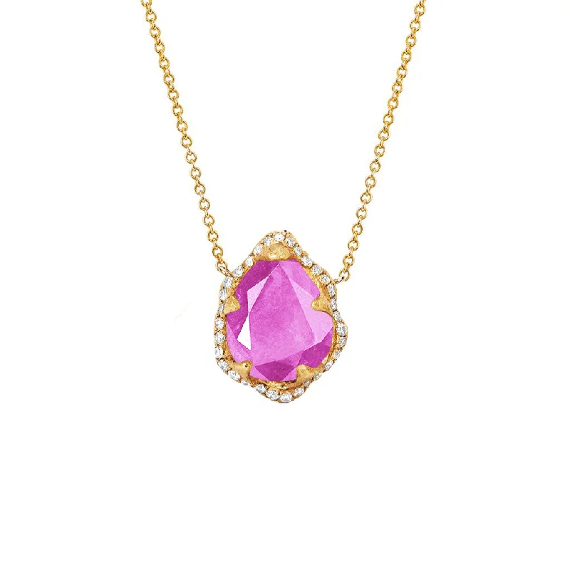 Modern Silver Necklace-Baby Queen Water Drop Pink Sapphire Necklace with Full Pavé Halo