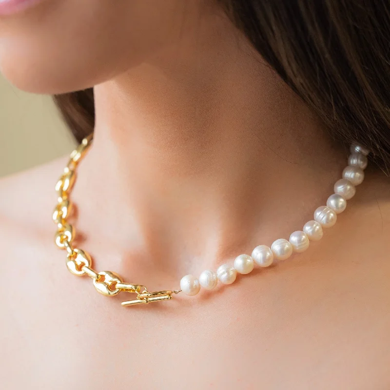 Wedding Necklace for Bridesmaids-Pop Top Pearl Necklace 18k Gold Plated Beads With Freshwater Pearls