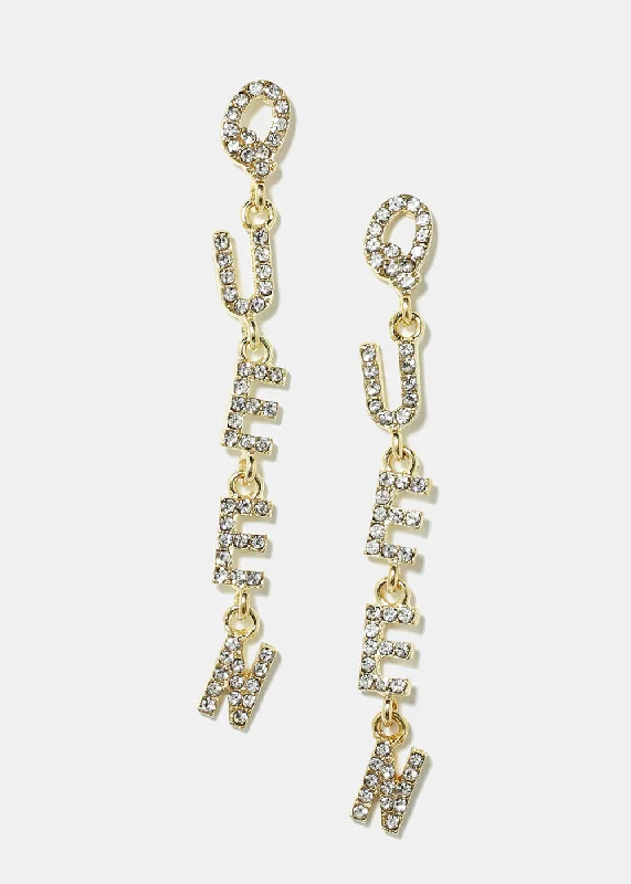 Long Dangling Earrings-Rhinestone-Studded "QUEEN" Dangle Earrings