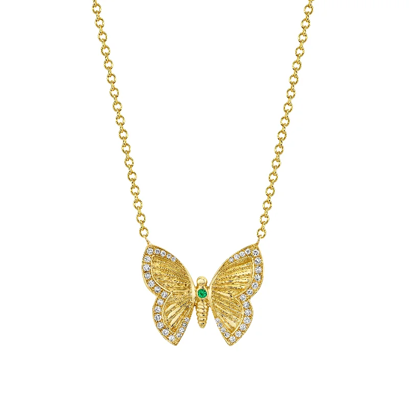 Modern Bar Necklace-Large Metamorphosis Butterfly Necklace with Emerald