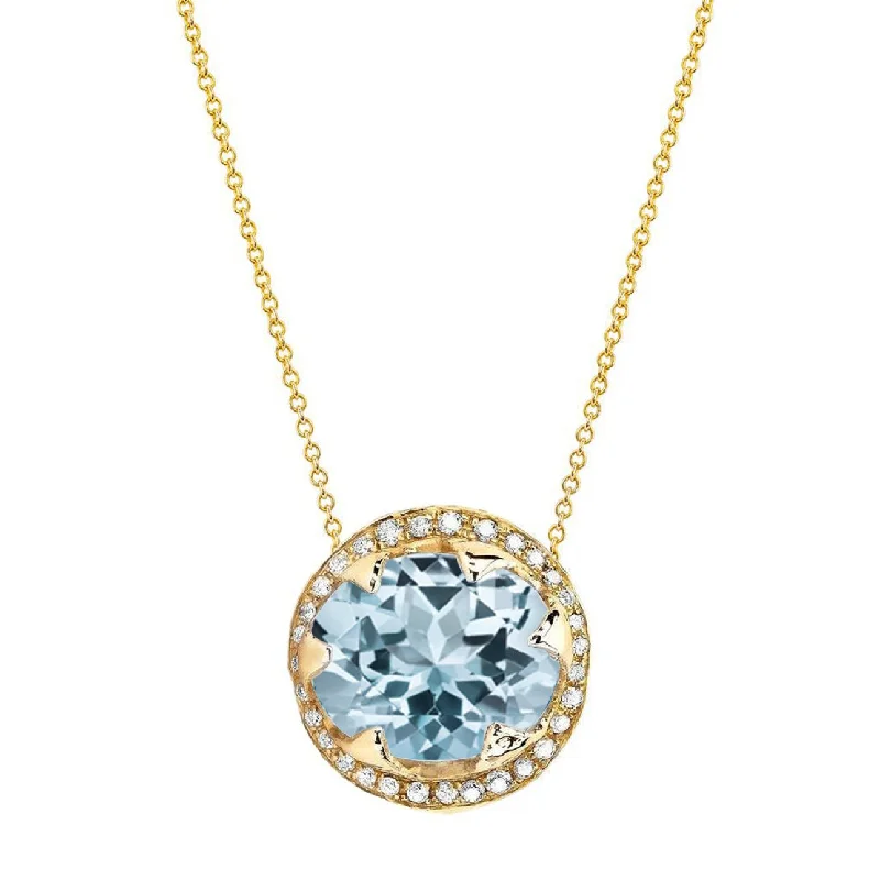 Moon Pendant Necklace-Queen Oval Aquamarine Necklace with Full Pavé Diamond Halo