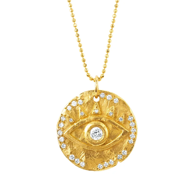 Designer Bar Necklace-18k Diamond Eye of Protection Coin Pendant