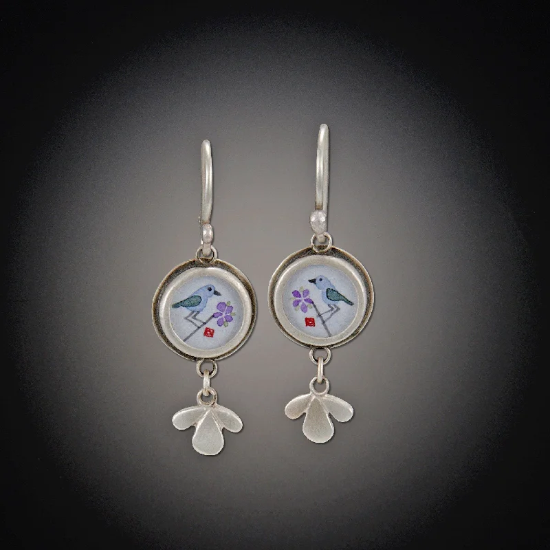 Spiral Silver Earrings-Tiny Round Bluebird Earrings with Leaf Trio