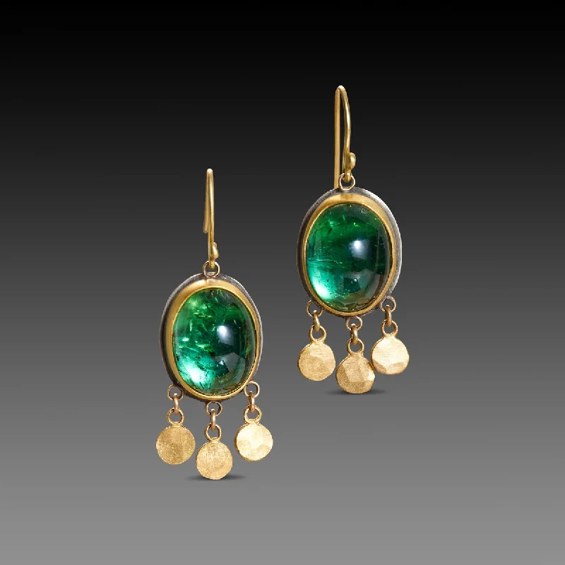 Stylish Dangling Earrings-Green Tourmaline Earrings with Gold Fringe