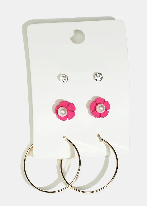 Large Crystal Drop Earrings-3-Pair Flower Stud & Hoop Earrings