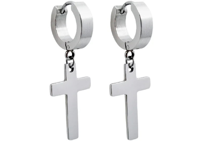 Statement Silver Earrings-Men's Stainless Steel Hoop Cross Earrings