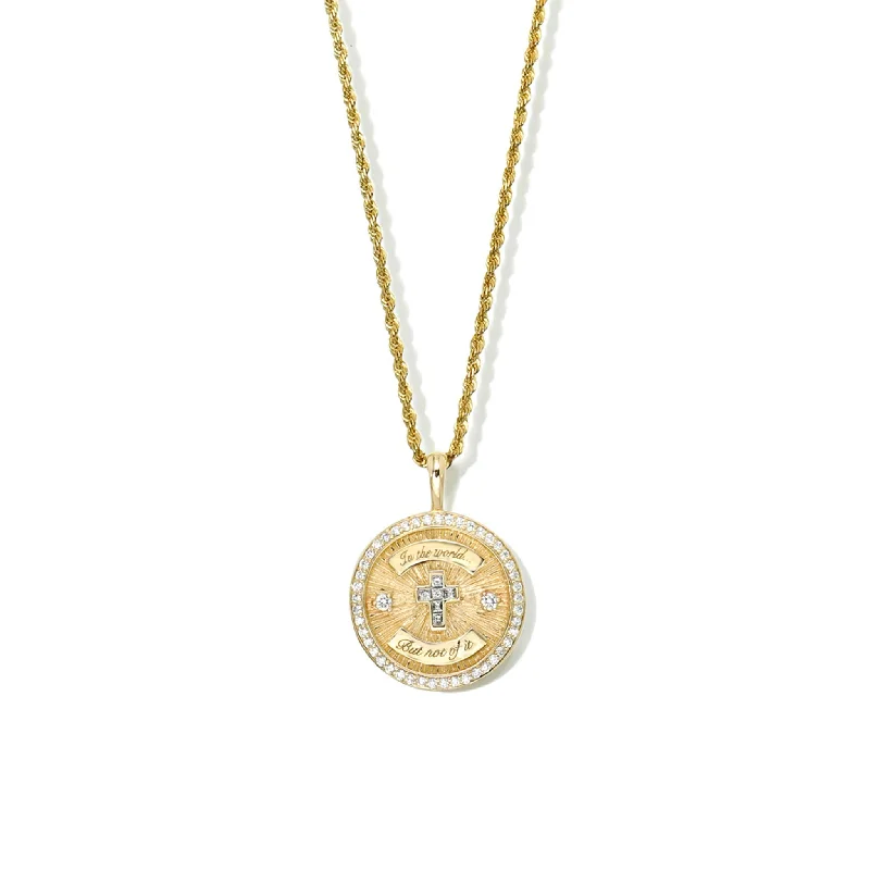 Gold Plated Pendant Necklace-Diamond Cross Coin with Pavé Border | Ready to Ship